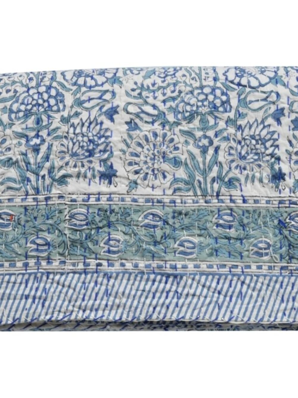 Indian Hand Block Print Kantha Quilt Cotton Throw Blanket Bedspread Queen Size W